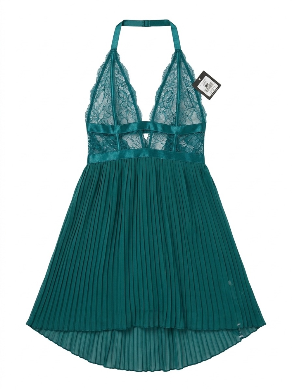 NWT Victoria Secret Pleated Lace High Low Babydoll Lingerie 2pc Set Medium Teal